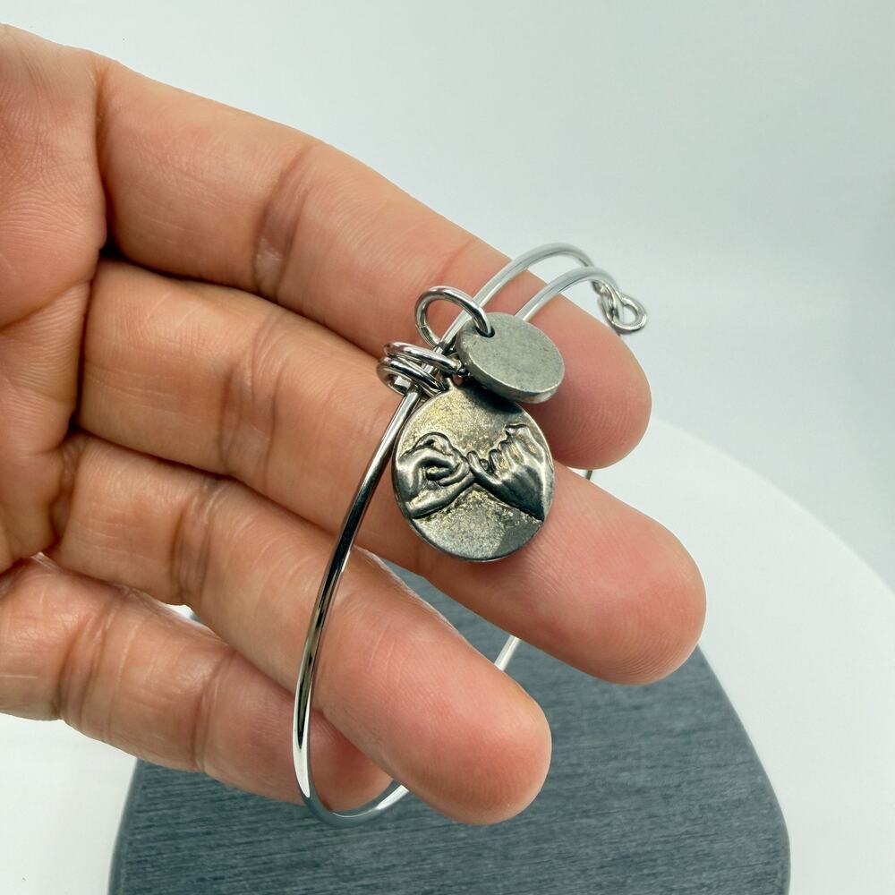 Silver-Tone Pinky Promise Charm Bracelet Adjustable Bangle Symbolic Friendship
